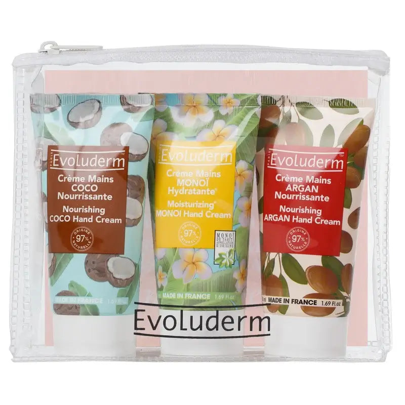 Cestovná sada krémov na ruky Evoluderm X3 – (Monoi/kokos/karité), 50/50/50 ml