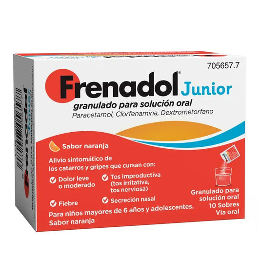 Frenadol Junior proti chrípke, úľava pre deti, pomarančová príchuť, na perorálne použitie, 10 vrecúšok