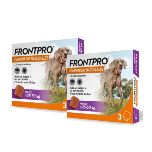 Frontpro – prípravok proti parazitom pre psov s hmotnosťou 25–50 kg (XL), balenie 2 × 3 žuvacie tablety