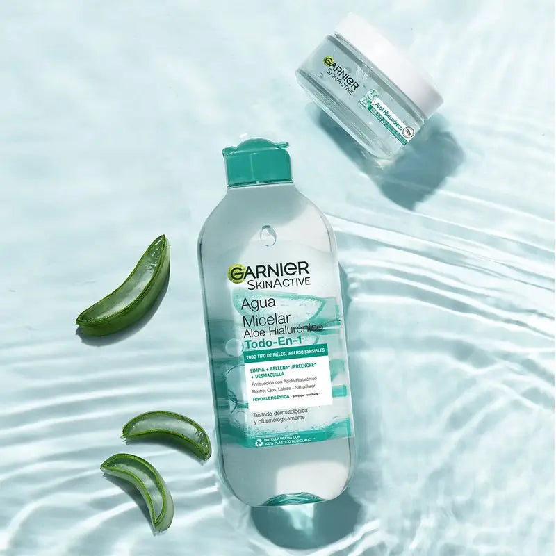 Garnier Micelárna voda s aloe vera a kyselinou hyalurónovou 2 v 1 – čistí, odličuje a vyživuje tvár, oči a pery – bez oplachovania