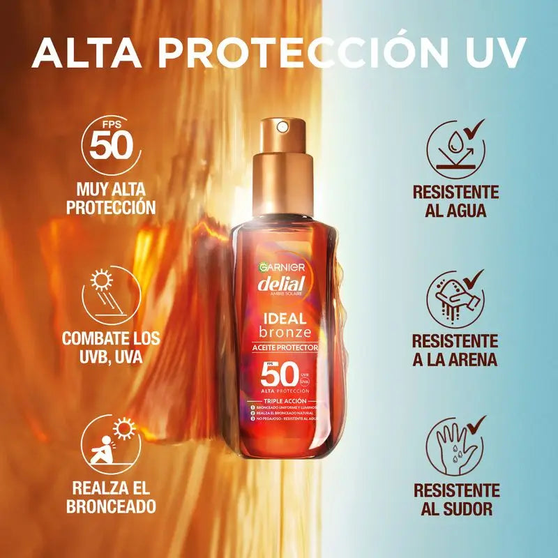 Garnier Delial Ochranný olej Ideal Bronze SPF 50 pre rovnomerné a žiarivé opálenie – 150 ml