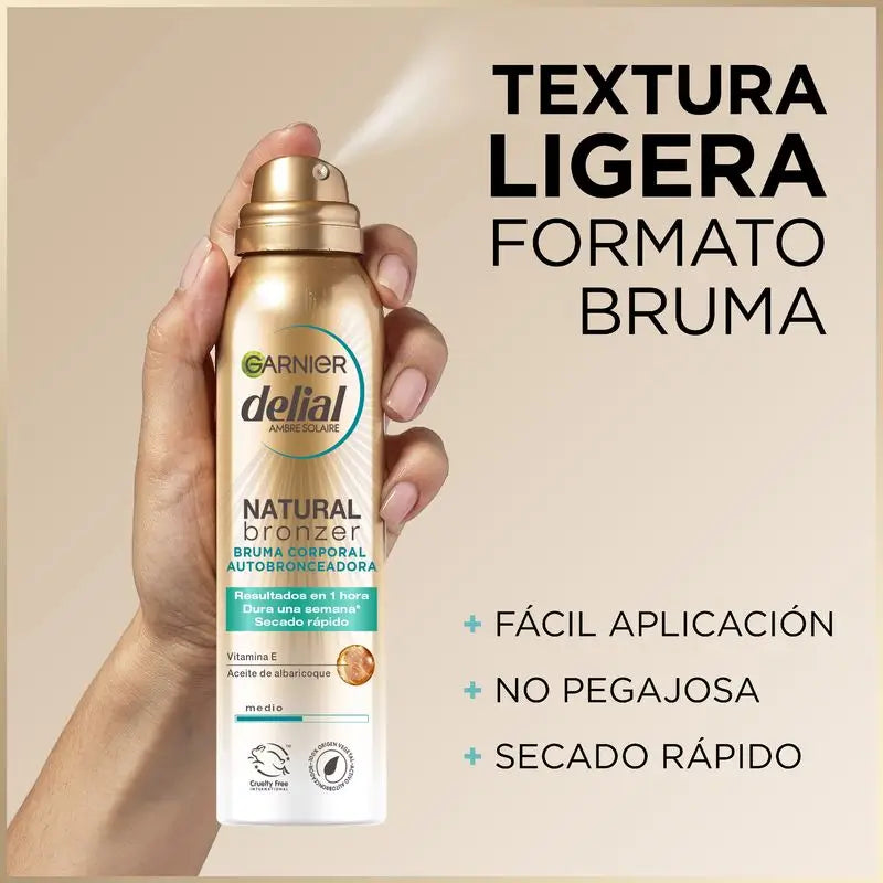 Garnier Delial Natural Bronzer – samoopaľovací sprej na telo s marhuľovým olejom pre prirodzené opálenie, 150 ml