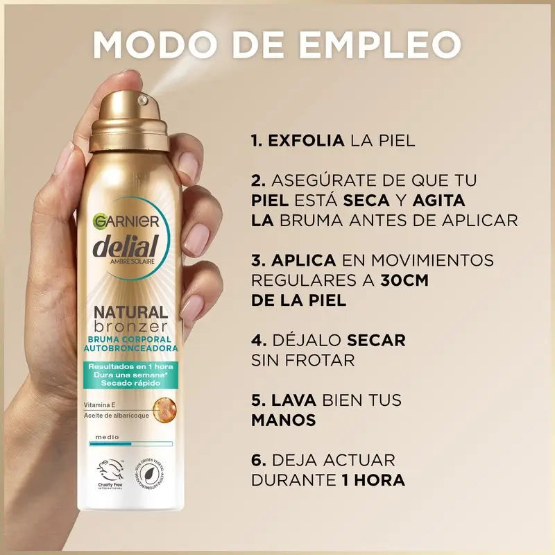Garnier Delial Natural Bronzer – samoopaľovací sprej na telo s marhuľovým olejom pre prirodzené opálenie, 150 ml