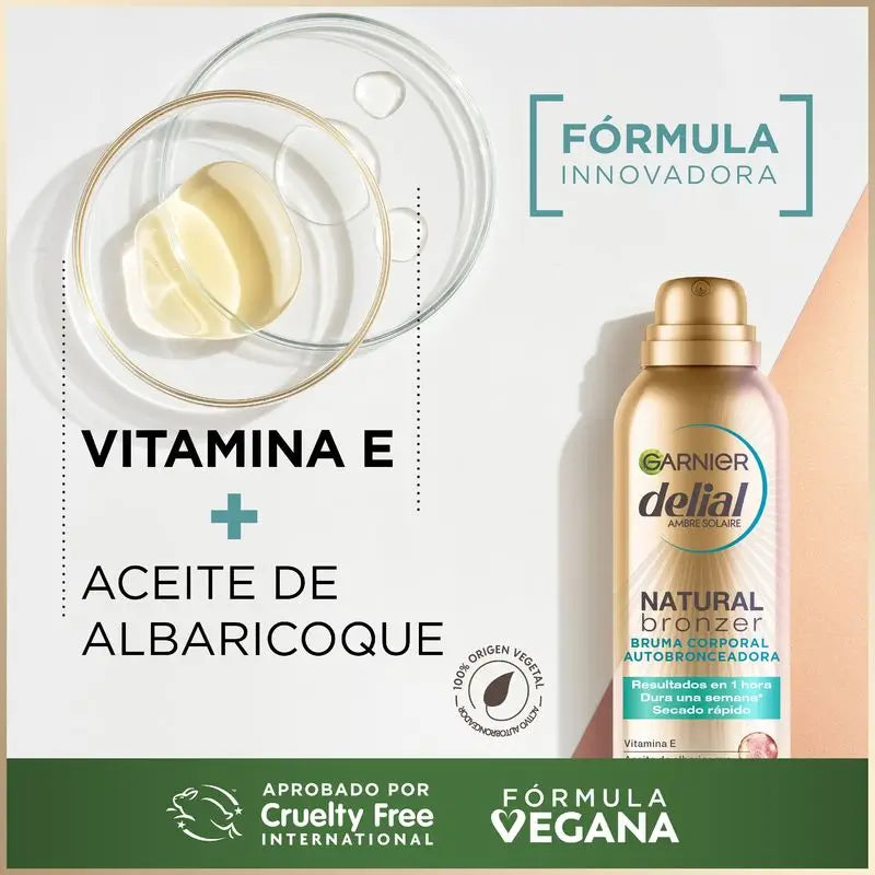 Garnier Delial Natural Bronzer – samoopaľovací sprej na telo s marhuľovým olejom pre prirodzené opálenie, 150 ml