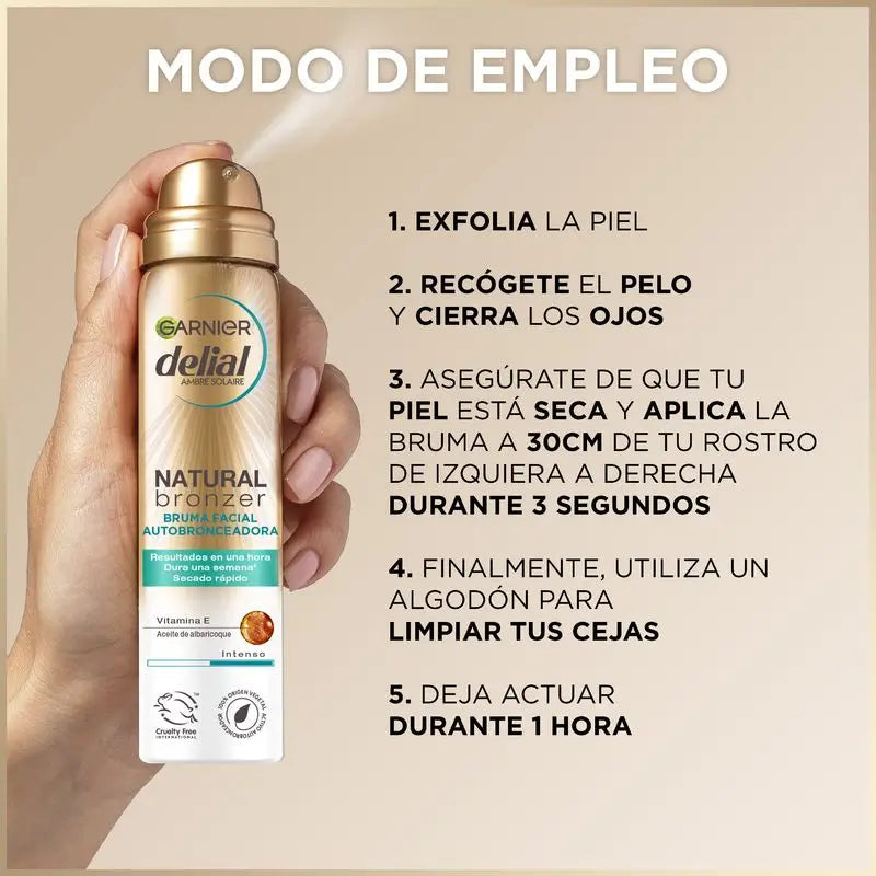 Garnier Delial Natural Bronzer – samoopaľovací sprej na tvár s marhuľovým olejom pre prirodzené a rovnomerné opálenie, 75 ml
