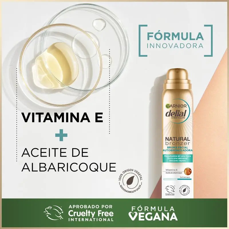 Garnier Delial Natural Bronzer – samoopaľovací sprej na tvár s marhuľovým olejom pre prirodzené a rovnomerné opálenie, 75 ml