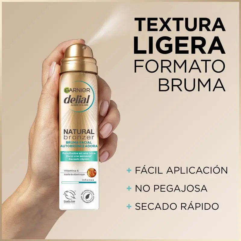 Garnier Delial Natural Bronzer – samoopaľovací sprej na tvár s marhuľovým olejom pre prirodzené a rovnomerné opálenie, 75 ml