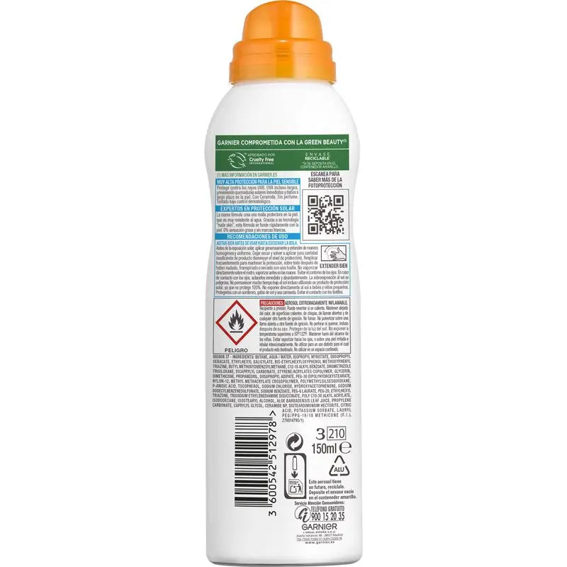 Garnier Delial Sensitive Advanced SPF 50+ sprej pre citlivú, svetlú a slnku citlivú pleť. Vhodný pre deti, 150 ml