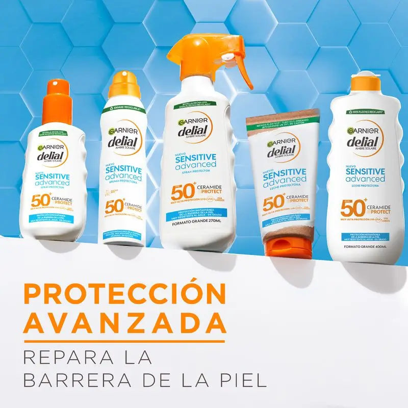 Garnier Delial Sensitive Advanced SPF 50+ sprej pre citlivú, svetlú a slnku citlivú pleť. Vhodný pre deti, 150 ml