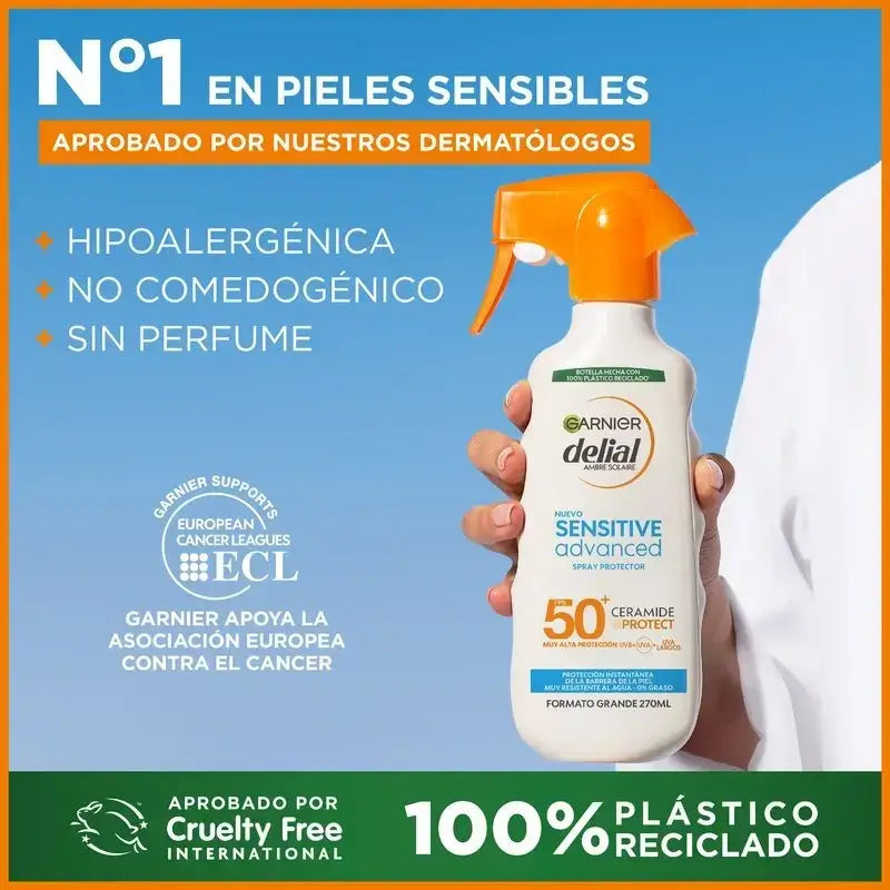 Garnier Delial Ochranný sprej Sensitive Advanced SPF 50+ pre svetlú, citlivú a slnkom neznášanlivú pokožku, 270 ml