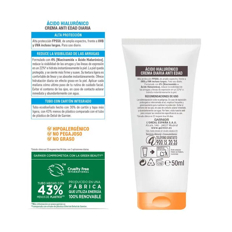 Garnier Delial Super UV SPF 50+ Denný ochranný krém proti starnutiu s kyselinou hyalurónovou – 50 ml