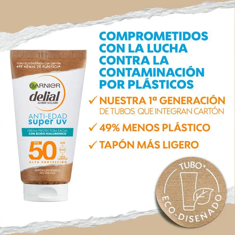 Garnier Delial Super UV SPF 50+ Denný ochranný krém proti starnutiu s kyselinou hyalurónovou – 50 ml