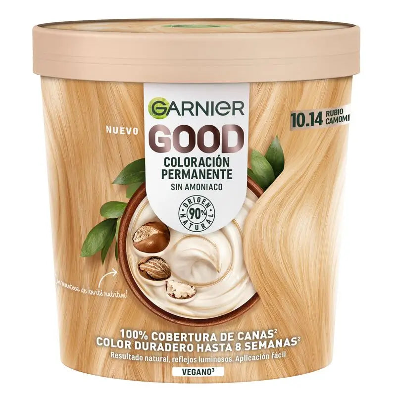 Garnier Good – trvalá farba na vlasy bez amoniaku, 90 % prírodného pôvodu, odtieň 10.14 – kamilkový blond.