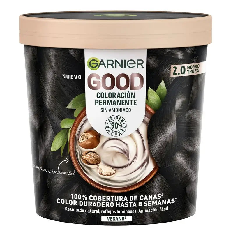 Garnier Good – trvalá farba na vlasy bez amoniaku, 90 % prírodného pôvodu, odtieň 2.0 – čierna trufová.