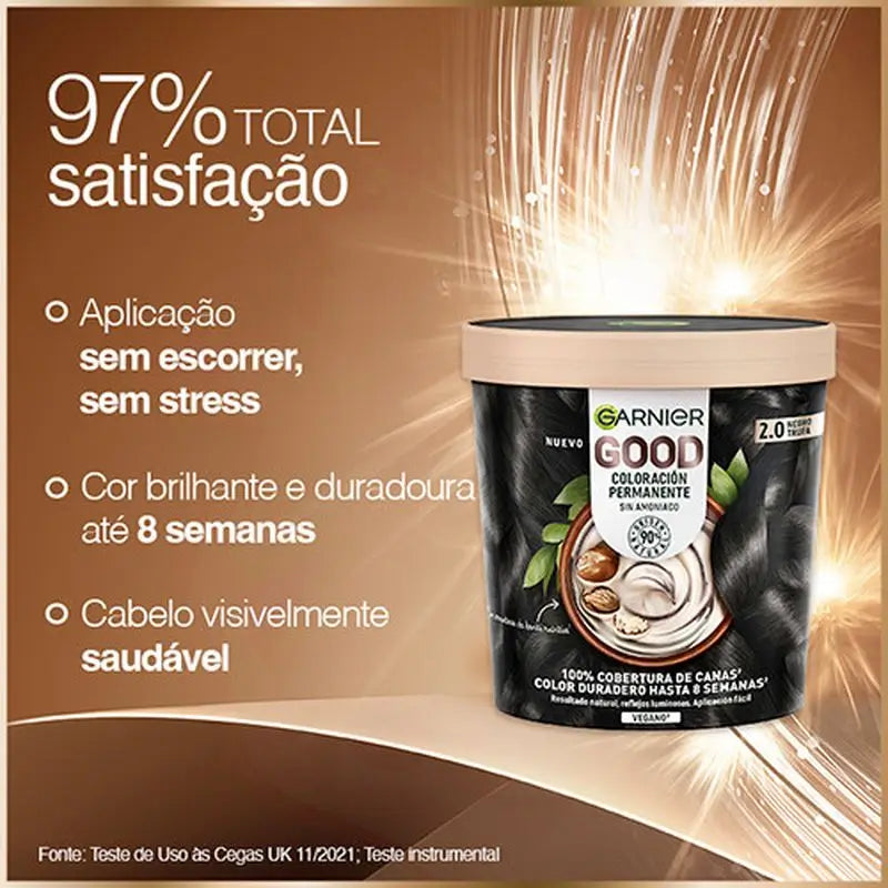 Garnier Good – trvalá farba na vlasy bez amoniaku, 90 % prírodného pôvodu, odtieň 2.0 – čierna trufová.