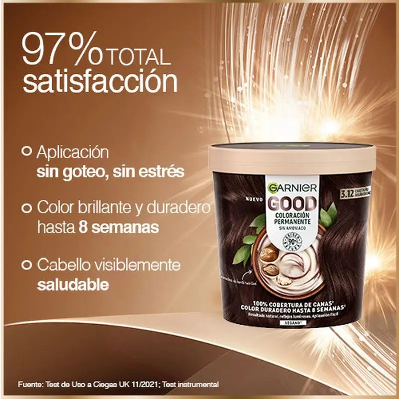 Garnier Good – trvalá farba na vlasy bez amoniaku, 90 % prírodného pôvodu, odtieň 3.12 – čučoriedkový gaštan.