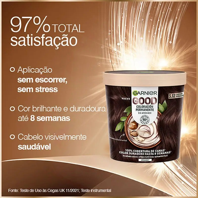 Garnier Good – trvalá farba na vlasy bez amoniaku, 90 % prírodného pôvodu, odtieň 3.12 – čučoriedkový gaštan.