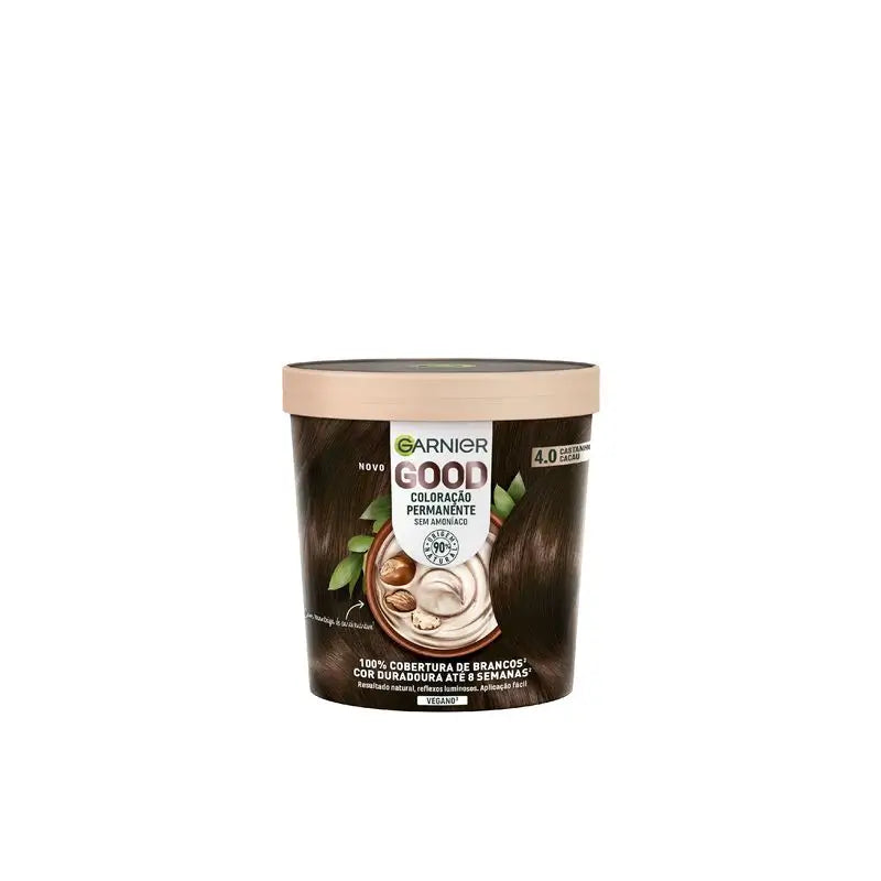 Garnier Good – trvalá farba na vlasy bez amoniaku, 90 % prírodného pôvodu, odtieň 4.0 – kakaová hnedá.