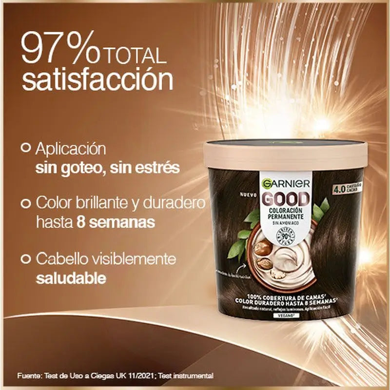 Garnier Good – trvalá farba na vlasy bez amoniaku, 90 % prírodného pôvodu, odtieň 4.0 – kakaová hnedá.