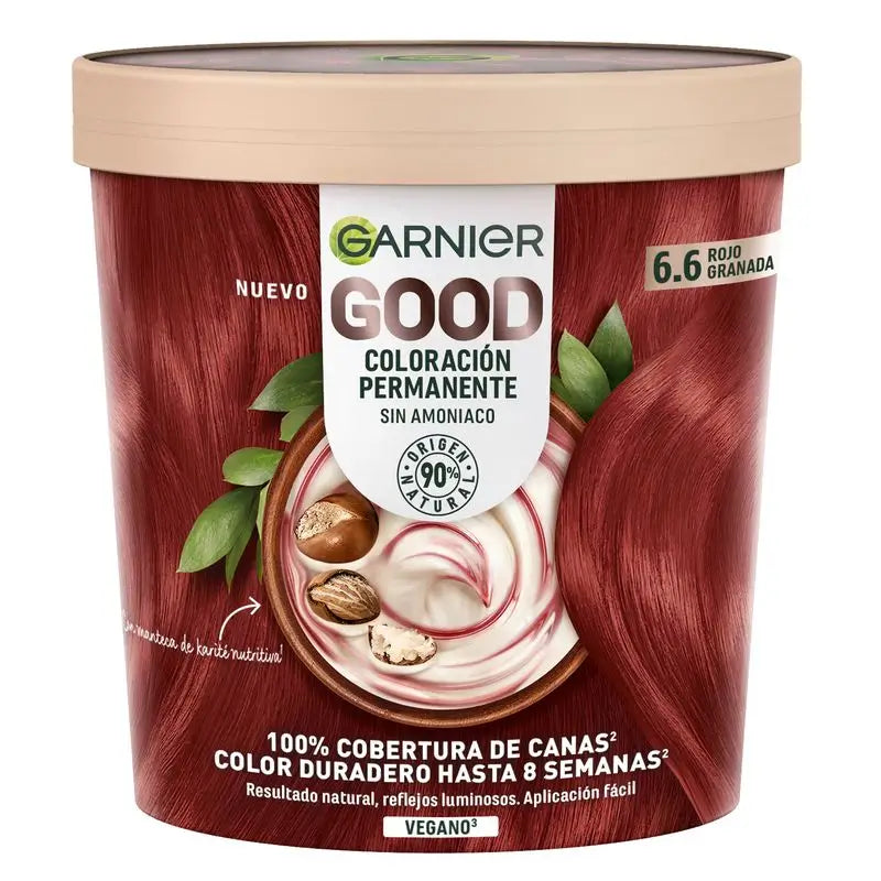 Garnier Good – trvalá farba na vlasy bez amoniaku, 90 % prírodného pôvodu, odtieň 6.6 – granátovo červená.