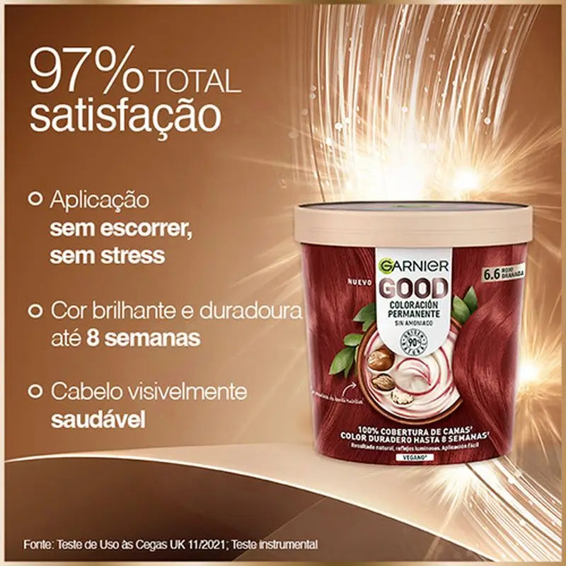 Garnier Good – trvalá farba na vlasy bez amoniaku, 90 % prírodného pôvodu, odtieň 6.6 – granátovo červená.
