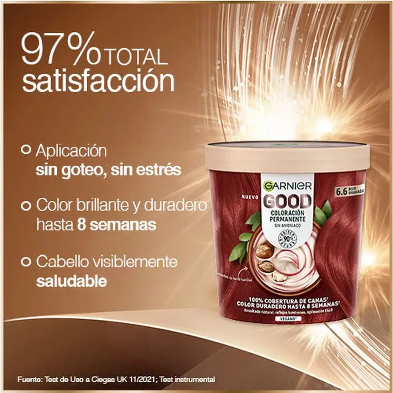 Garnier Good – trvalá farba na vlasy bez amoniaku, 90 % prírodného pôvodu, odtieň 6.6 – granátovo červená.