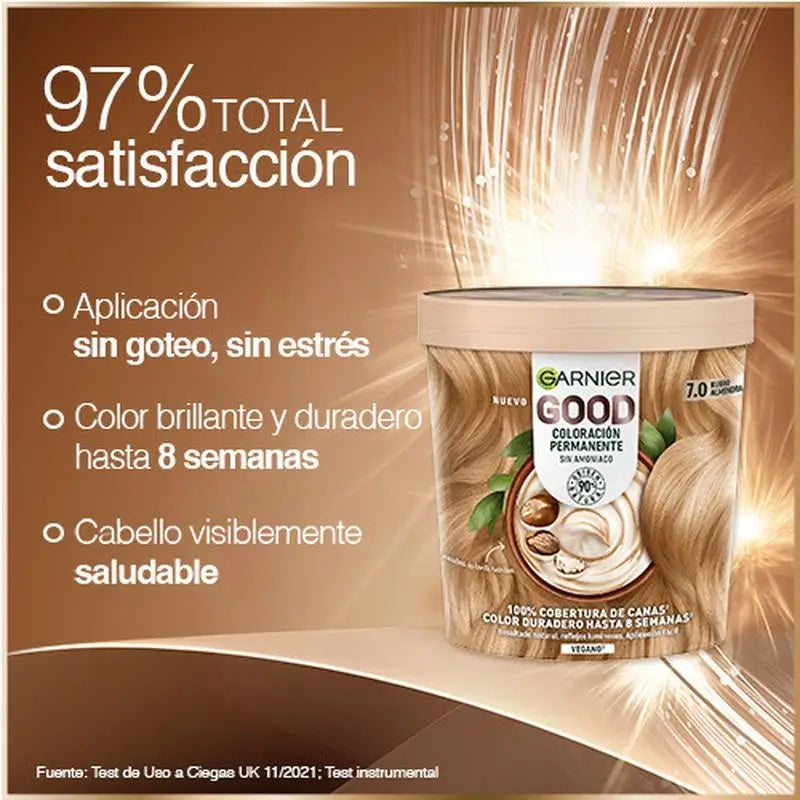 Garnier Good – trvalá farba na vlasy bez amoniaku, 90 % prírodného pôvodu, odtieň 7.0 mandľová blond.