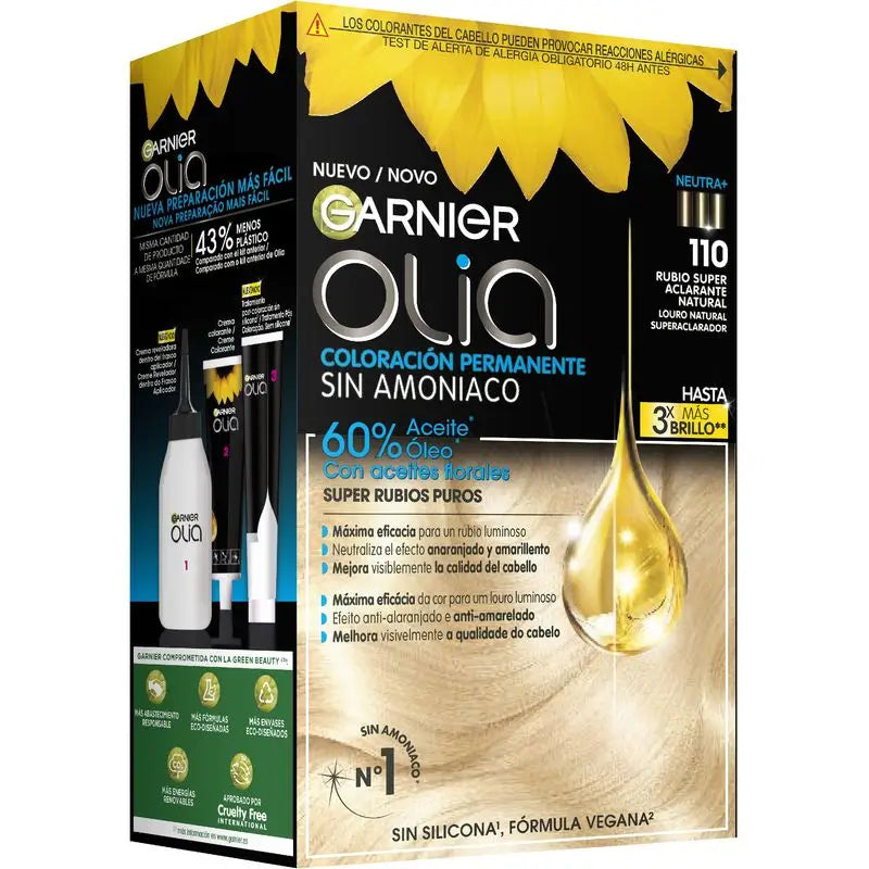 Garnier Olia Trvalá farba na vlasy bez amoniaku s kvetinovými olejmi prírodného pôvodu – Super zosvetľujúca farba na prírodnú blond Olia 110