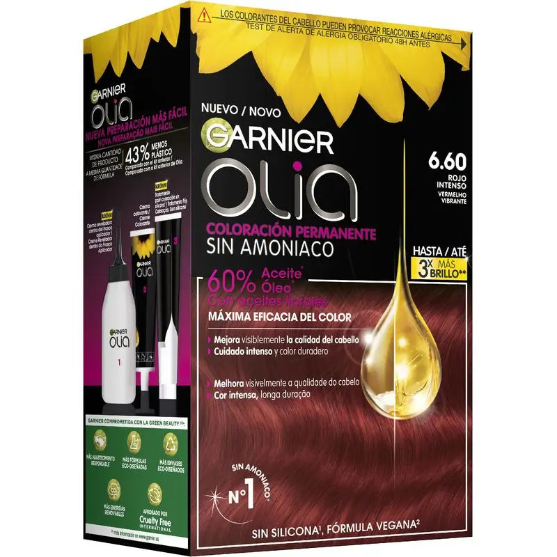 Garnier Olia Trvalá farba na vlasy bez amoniaku, príjemná vôňa s kvetinovými olejmi prírodného pôvodu – Bold Intenzívna červená 6.60