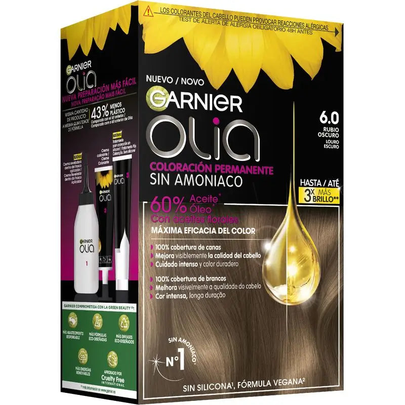 Garnier Olia Trvalá farba na vlasy bez amoniaku, príjemná vôňa s kvetinovými olejmi prírodného pôvodu – tmavý blond 6.0