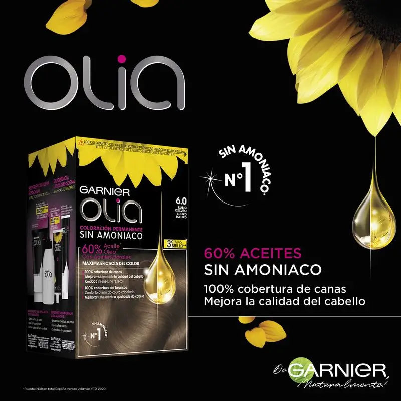 Garnier Olia Trvalá farba na vlasy bez amoniaku, príjemná vôňa s kvetinovými olejmi prírodného pôvodu – tmavý blond 6.0