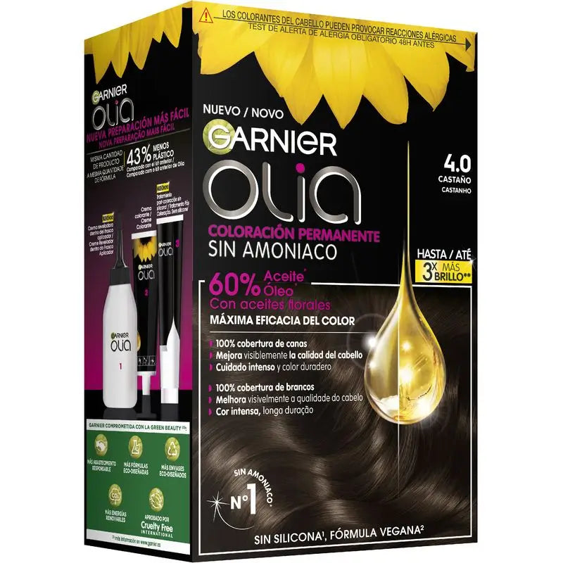 Garnier Olia Trvalá farba na vlasy bez amoniaku s príjemnou vôňou a kvetinovými olejmi prírodného pôvodu – gaštanová 4.0