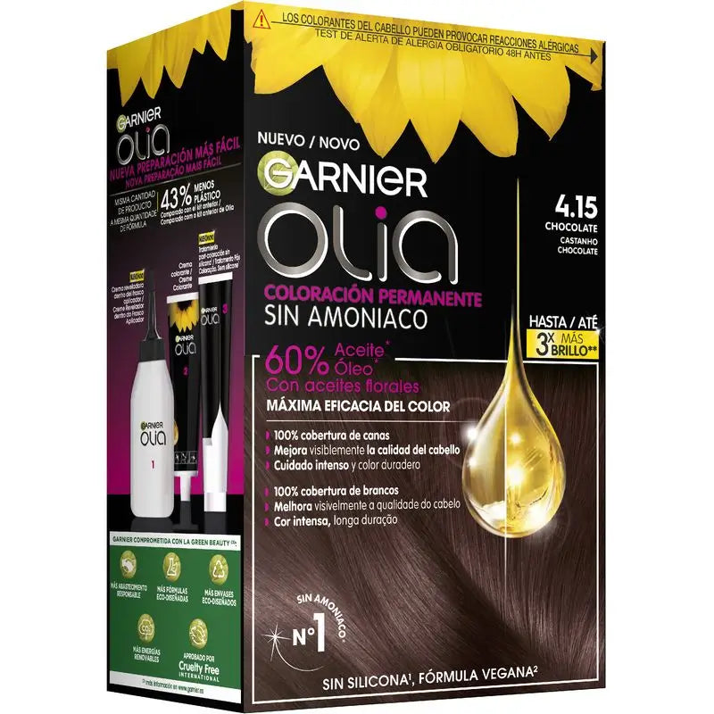 Garnier Olia Trvalá farba na vlasy bez amoniaku s príjemnou vôňou a kvetinovými olejmi prírodného pôvodu – Čokoláda 4,15