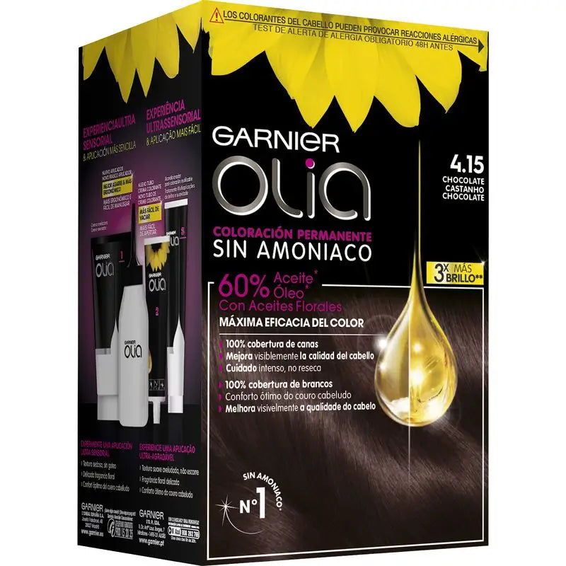 Garnier Olia Trvalá farba na vlasy bez amoniaku s príjemnou vôňou a kvetinovými olejmi prírodného pôvodu – Čokoláda 4,15