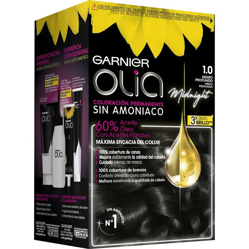 Garnier Olia – trvalá farba na vlasy bez amoniaku s príjemnou vôňou a kvetinovými olejmi prírodného pôvodu – ebenová čierna 1.0