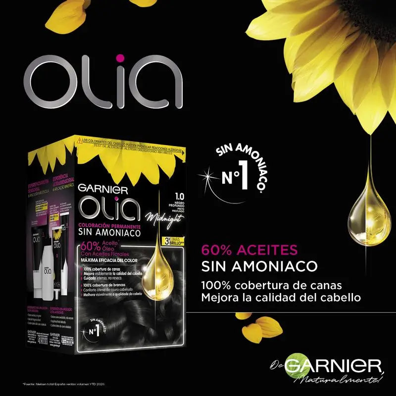 Garnier Olia – trvalá farba na vlasy bez amoniaku s príjemnou vôňou a kvetinovými olejmi prírodného pôvodu – ebenová čierna 1.0