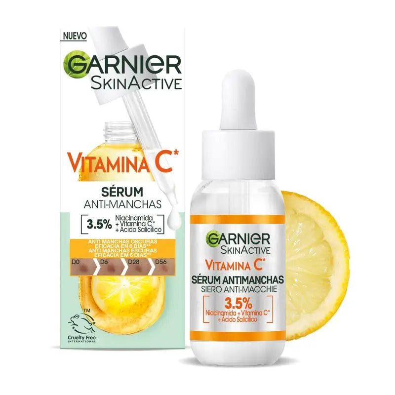Garnier sérum proti pigmentovým škvrnám s vitamínom C, niacinamidom a salicylovou kyselinou. Znižuje výskyt tmavých škvŕn o 43 %.