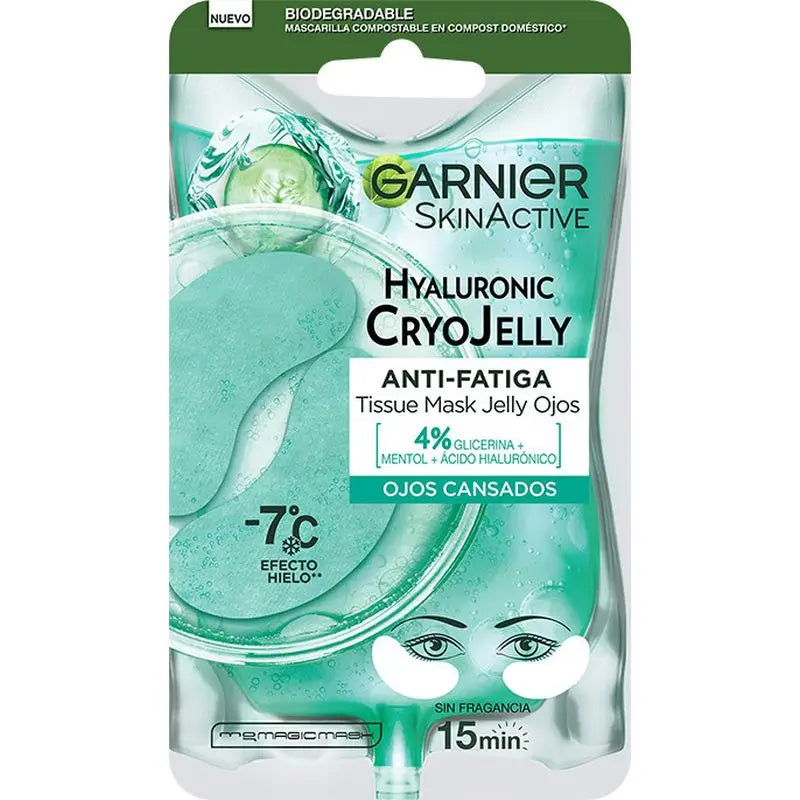Garnier Tissue Mask Hyaluronic Cryo Jelly proti únave na oblasť okolo očí. 4 % glycerínu + mentol + kyselina hyalurónová.