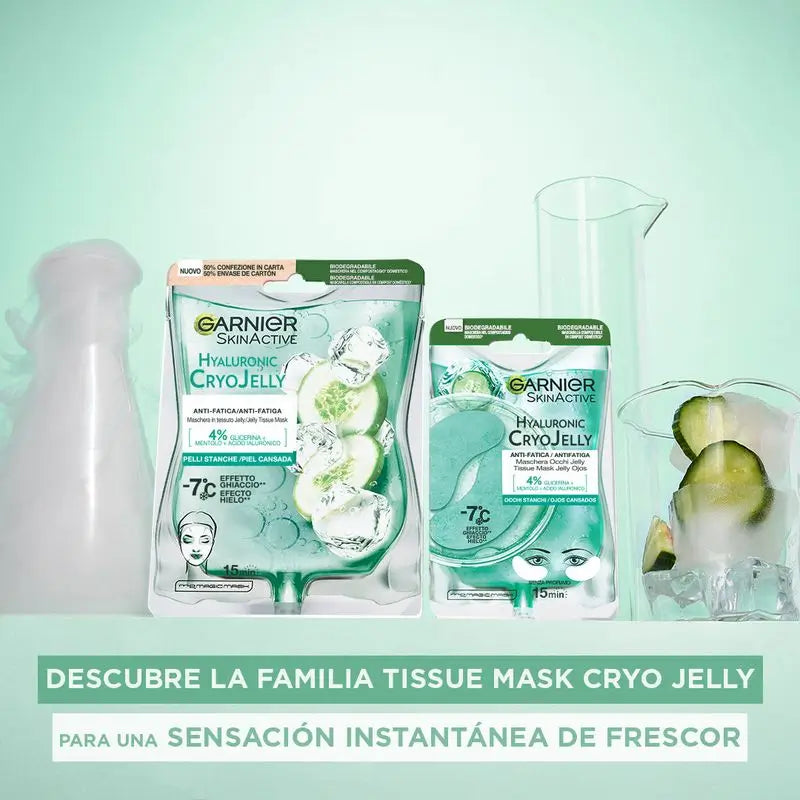 Garnier Tissue Mask Hyaluronic Cryo Jelly proti únave na oblasť okolo očí. 4 % glycerínu + mentol + kyselina hyalurónová.