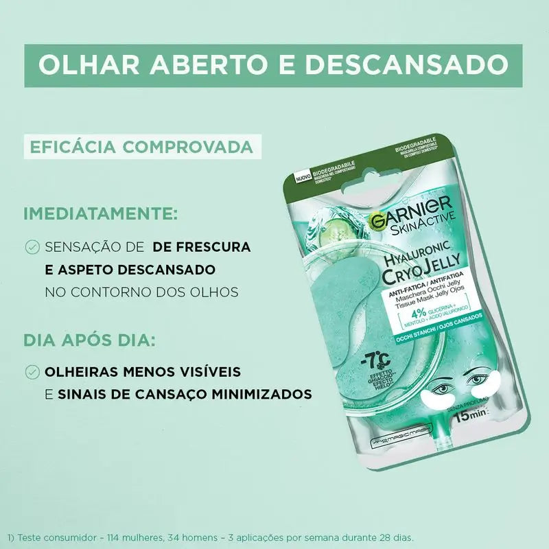 Garnier Tissue Mask Hyaluronic Cryo Jelly proti únave na oblasť okolo očí. 4 % glycerínu + mentol + kyselina hyalurónová.
