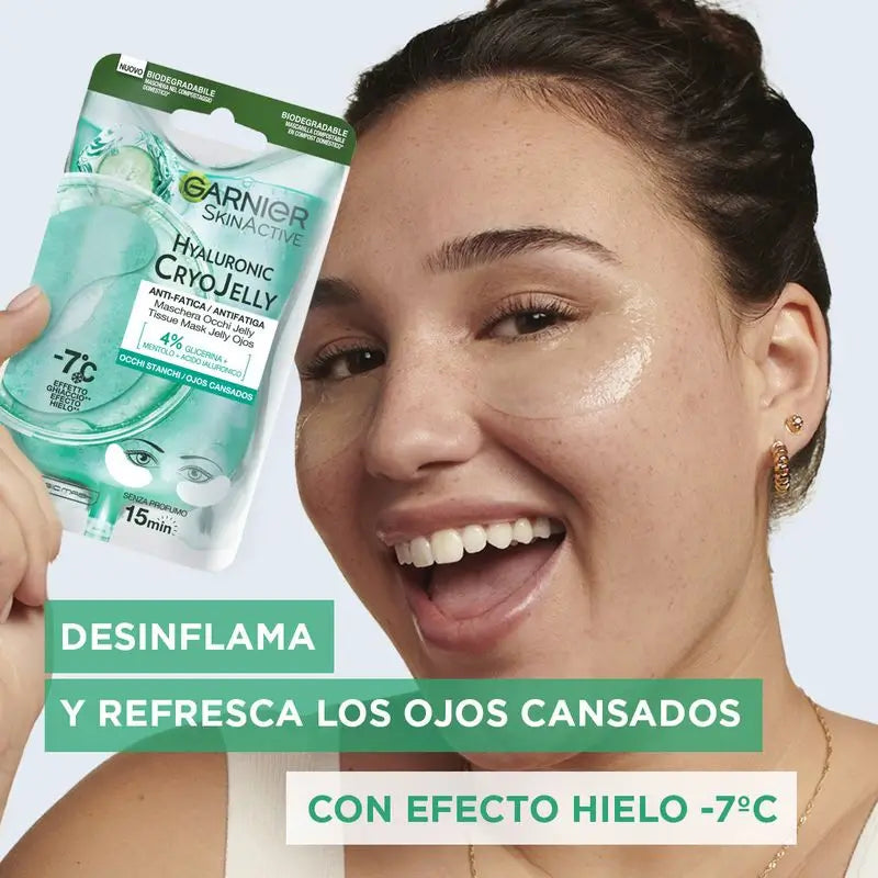 Garnier Tissue Mask Hyaluronic Cryo Jelly proti únave na oblasť okolo očí. 4 % glycerínu + mentol + kyselina hyalurónová.