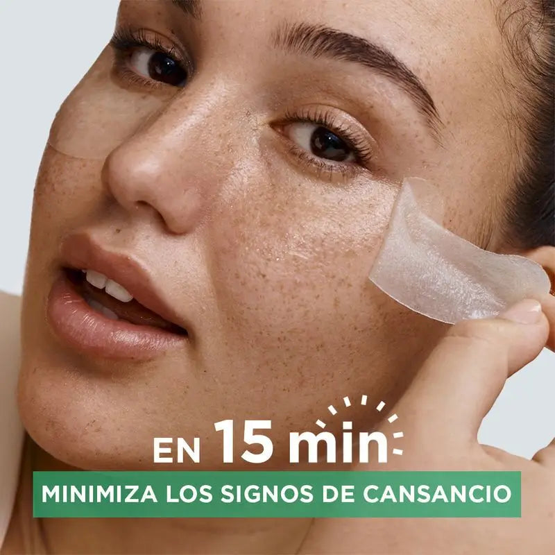 Garnier Tissue Mask Hyaluronic Cryo Jelly proti únave na oblasť okolo očí. 4 % glycerínu + mentol + kyselina hyalurónová.