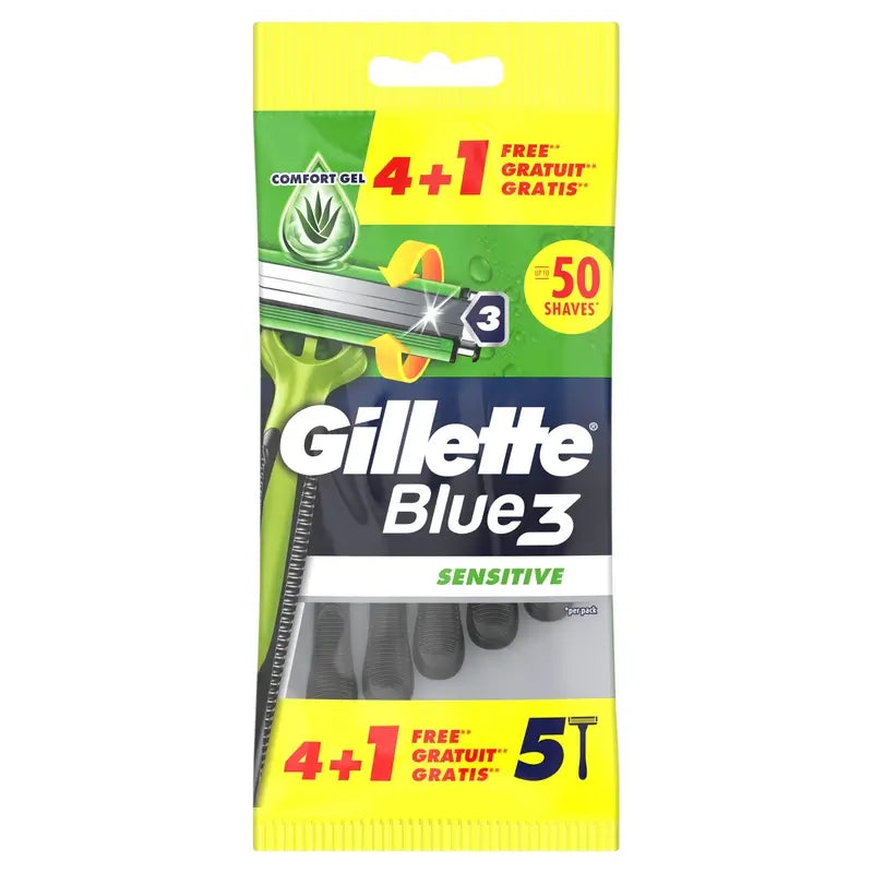 Gillette Blue3 Sensitive – jednorazový holiaci strojček pre mužov, 5 kusov