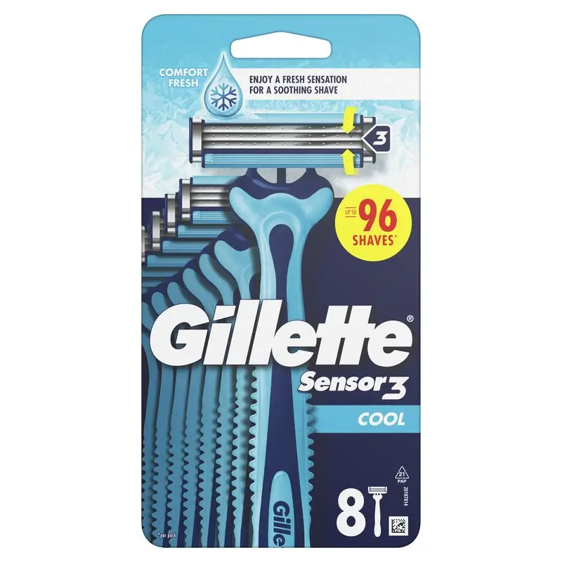 Gillette Sensor3 Cool jednorazové holiace strojčeky pre mužov s lubrikačným pásikom s vôňou eukalyptu, 8 kusov