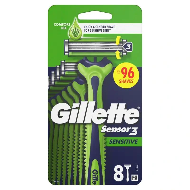 Gillette Sensor3 Sensitive jednorazové holiace strojčeky pre mužov so zvlhčujúcim pásikom, 8 ks