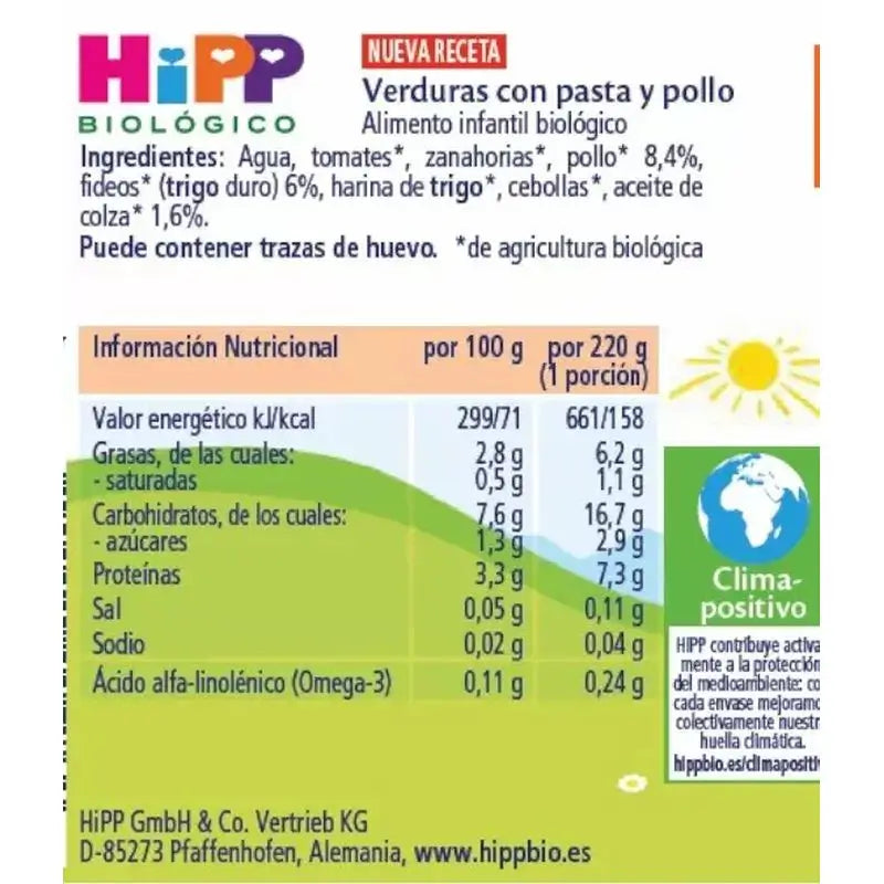 Hipp Bio – zeleninová kaša s cestovinami a kuracím mäsom, 220 g
