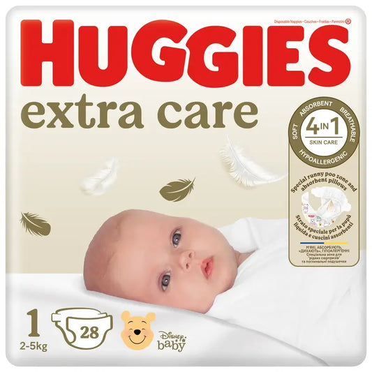 Huggies Extra Care veľkosť 1 (3–5 kg) detské plienky s motívom Disney, 28 kusov