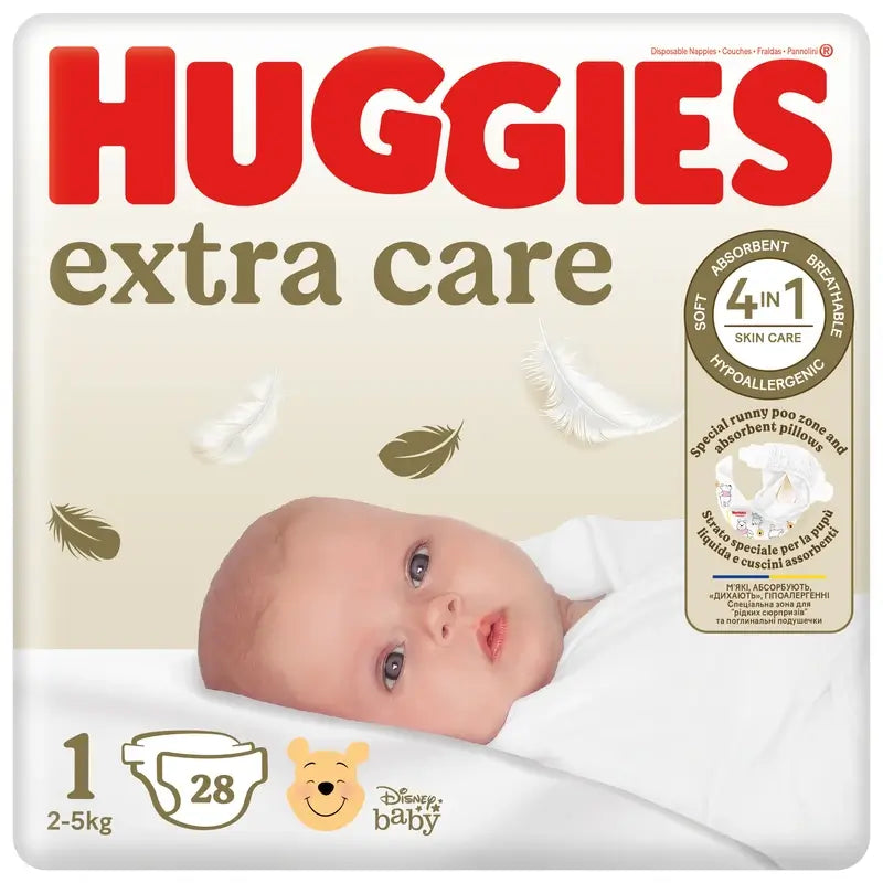 Huggies Extra Care veľkosť 1 (3–5 kg) detské plienky s motívom Disney, 28 kusov
