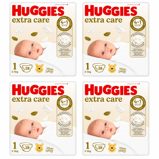 Huggies Extra Care veľkosť 1 (2–5 kg) detské plienky s motívom Disney, 28 kusov, balenie po 4 kusoch