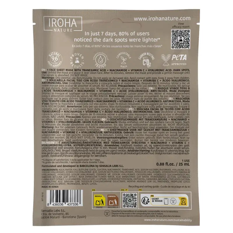 Iroha Nature Well Aging Maska proti pigmentovým škvrnám s kyselinou tranexamovou, 25 ml